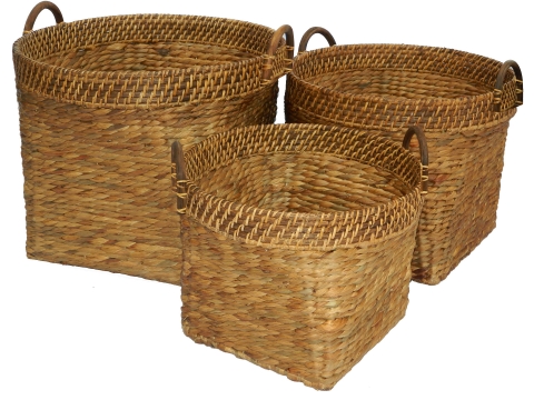 Round water hyacinth storages with rattan rim